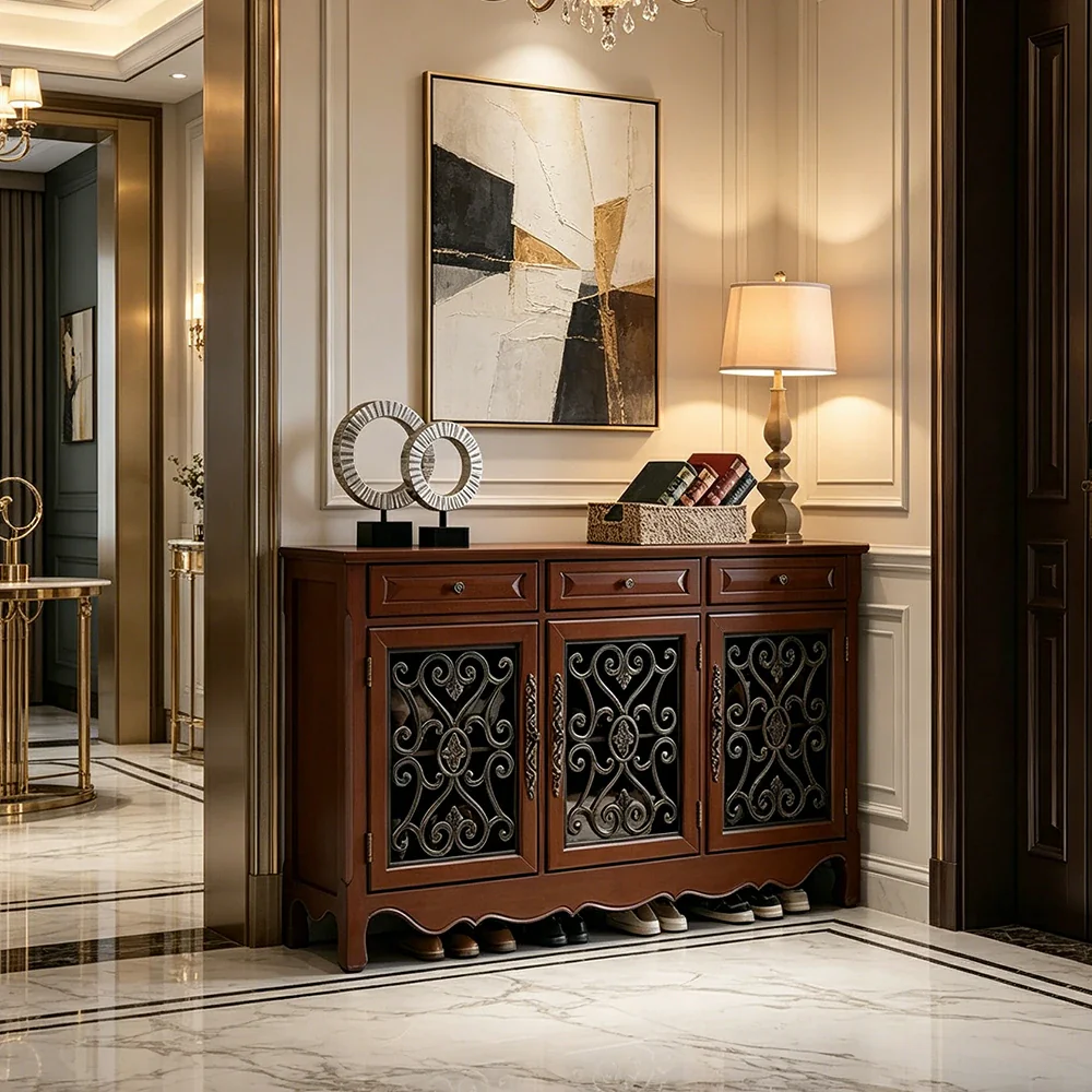LIVARA Solid Wood 3 Door Sideboard Cabinet with Storage Vintage American Buffet Entryway Cabinet 153cm - Brown - Image 2