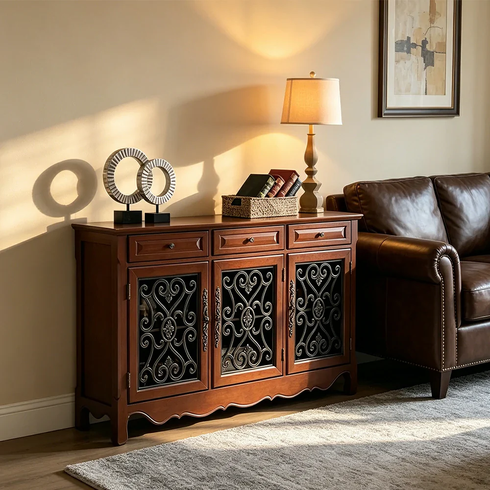 LIVARA Solid Wood 3 Door Sideboard Cabinet with Storage Vintage American Buffet Entryway Cabinet 153cm - Brown - Image 6
