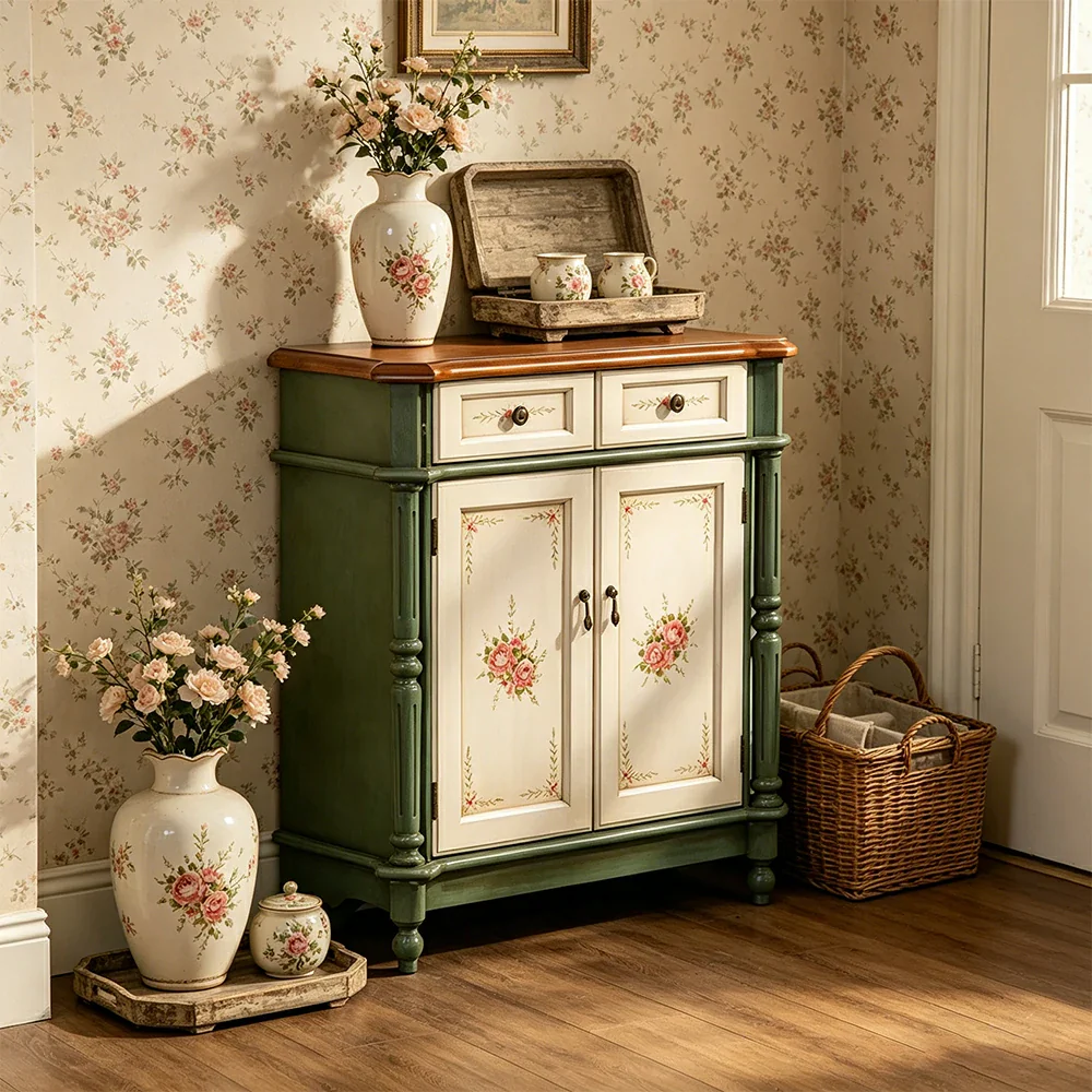 LIVARA Solid Wood 2 Door Shoe Cabinet with Hand Painted Storage American Entryway Cabinet 77cm - Green & White - Image 2