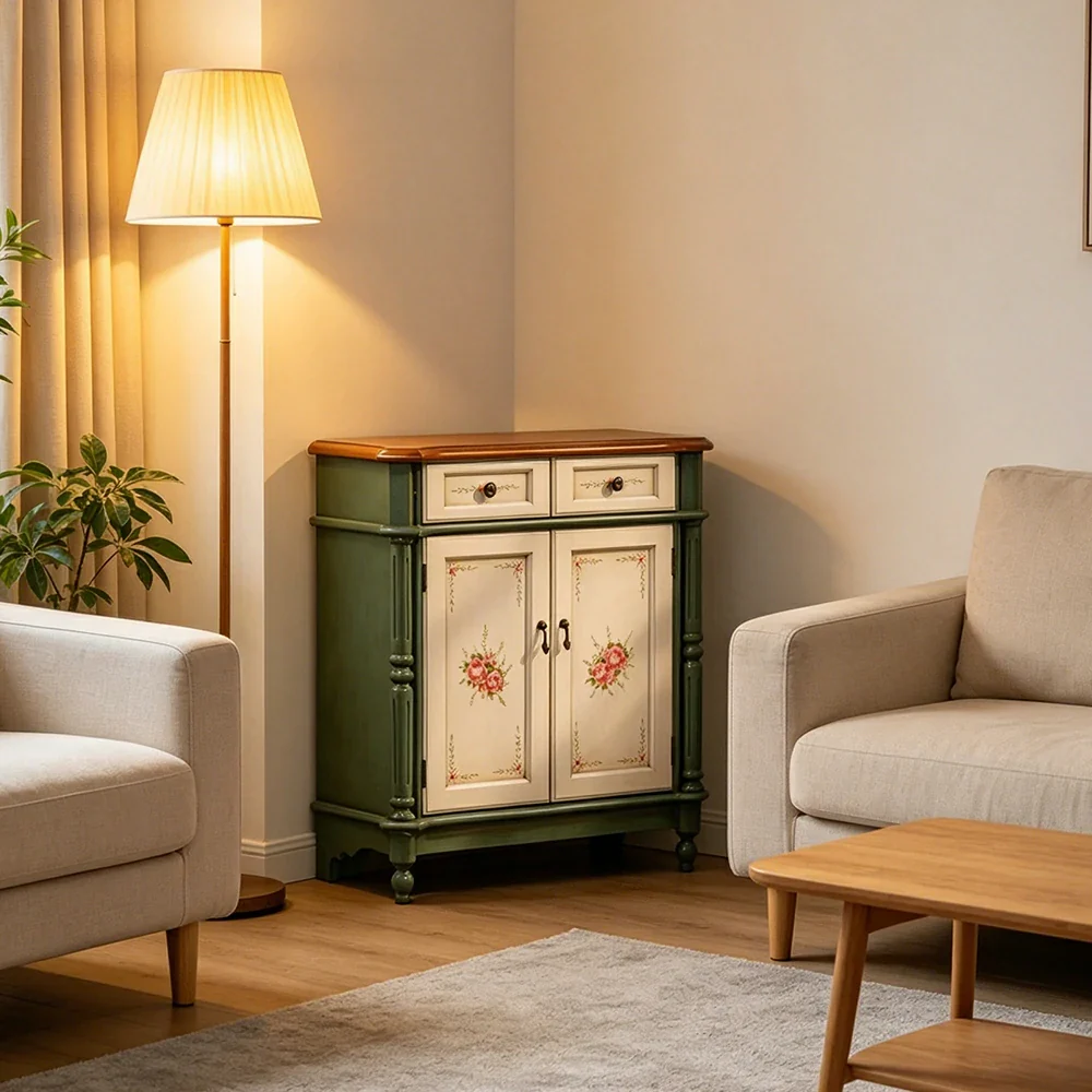 LIVARA Solid Wood 2 Door Shoe Cabinet with Hand Painted Storage American Entryway Cabinet 77cm - Green & White - Image 4