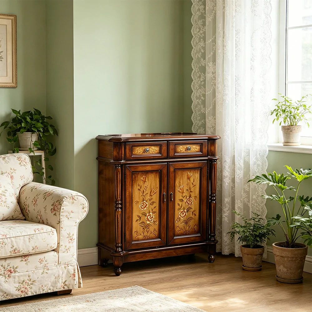LIVARA Solid Wood 2 Door Shoe Cabinet with Hand Painted Storage American Entryway Cabinet 77cm - Brown - Image 2