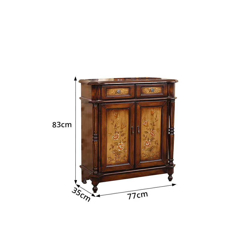 LIVARA Solid Wood 2 Door Shoe Cabinet with Hand Painted Storage American Entryway Cabinet 77cm - Brown - Image 8