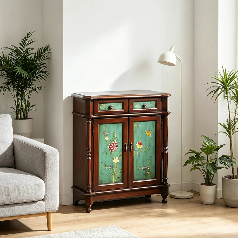 LIVARA Solid Wood 2 Door Shoe Cabinet with Hand Painted Storage American Entryway Cabinet 77cm - Green & Brown - Image 2
