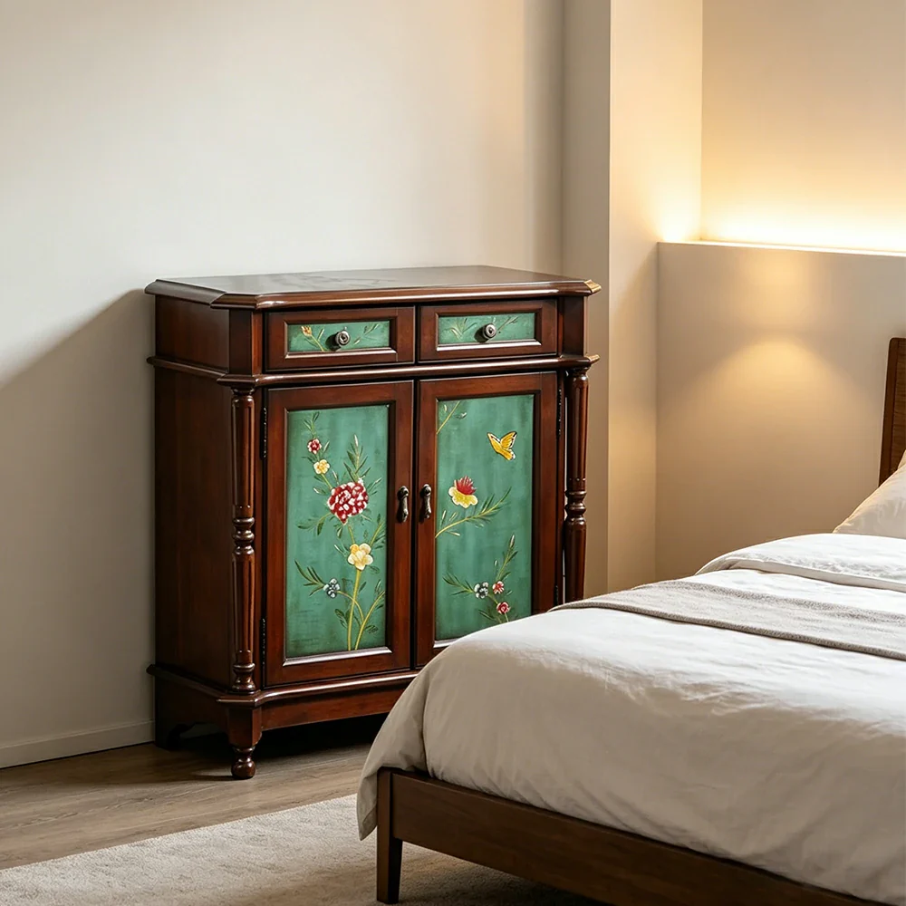 LIVARA Solid Wood 2 Door Shoe Cabinet with Hand Painted Storage American Entryway Cabinet 77cm - Green & Brown - Image 6