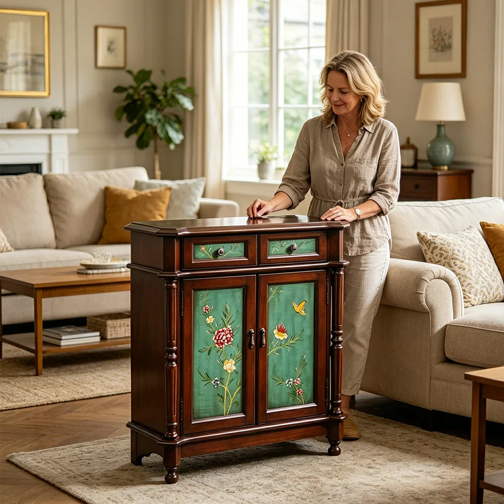 LIVARA Solid Wood 2 Door Shoe Cabinet with Hand Painted Storage American Entryway Cabinet 77cm - Green & Brown - Image 7