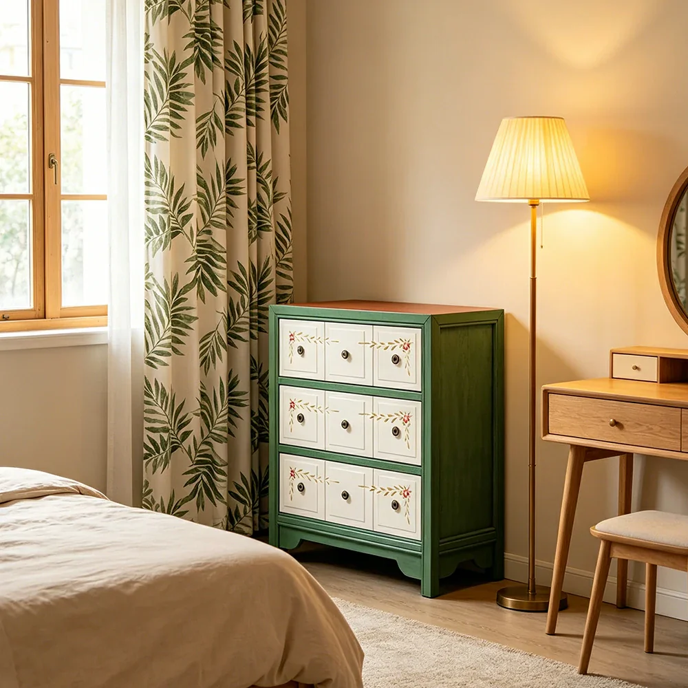 LIVARA Solid Wood 3 Drawer Storage Cabinet Hand Painted American Style Bedroom Side Chest 68.5cm - Green & White - Image 4