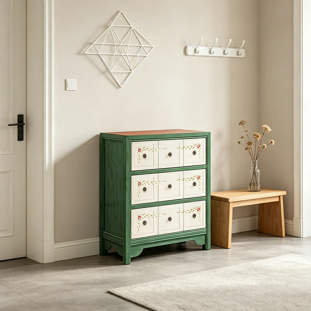 LIVARA Solid Wood 3 Drawer Storage Cabinet Hand Painted American Style Bedroom Side Chest 68.5cm - Green & White - Image 7