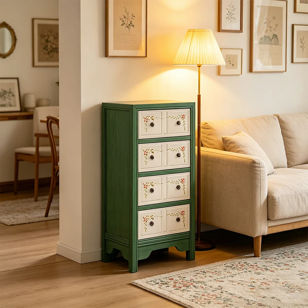 LIVARA Solid Wood 4 Drawer Storage Cabinet Hand Painted American Style Slim Chest 47.5cm - Green & White - Image 6