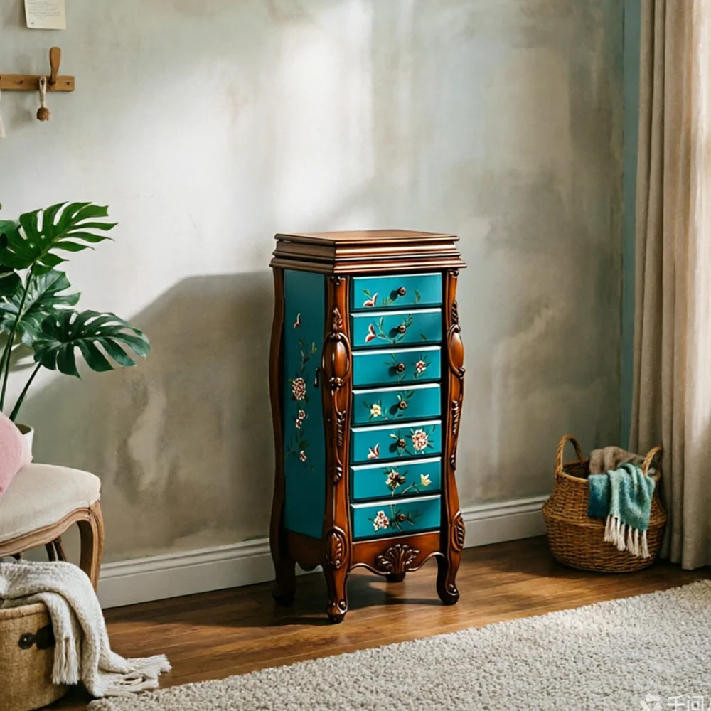LIVARA Solid Wood 7 Drawer Storage Cabinet with Hand Painted Design Vintage Bedroom Chest 43.8cm - Blue - Image 6