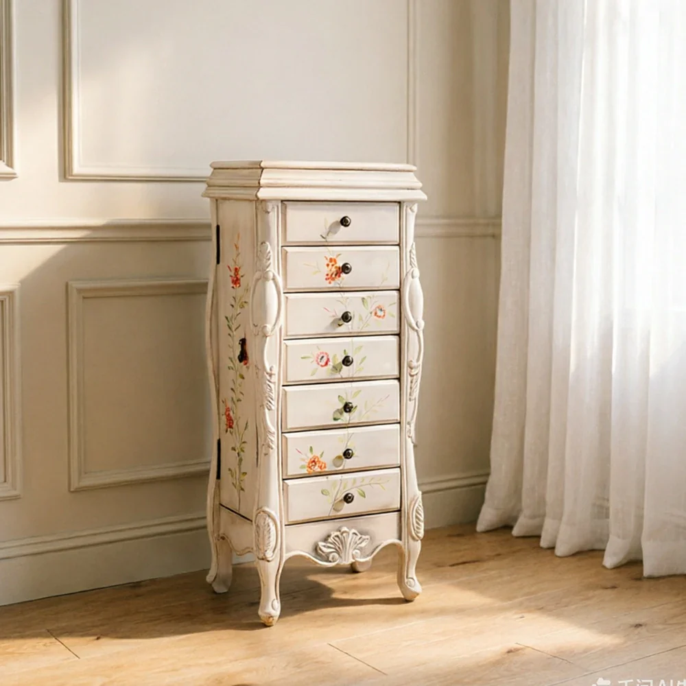 LIVARA Solid Wood 7 Drawer Storage Cabinet with Hand Painted Design Vintage Bedroom Chest 43.8cm - White - Image 2