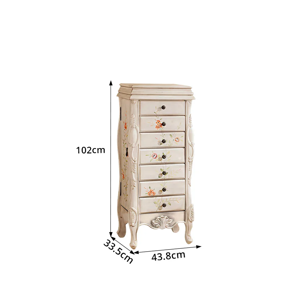 LIVARA Solid Wood 7 Drawer Storage Cabinet with Hand Painted Design Vintage Bedroom Chest 43.8cm - White - Image 8