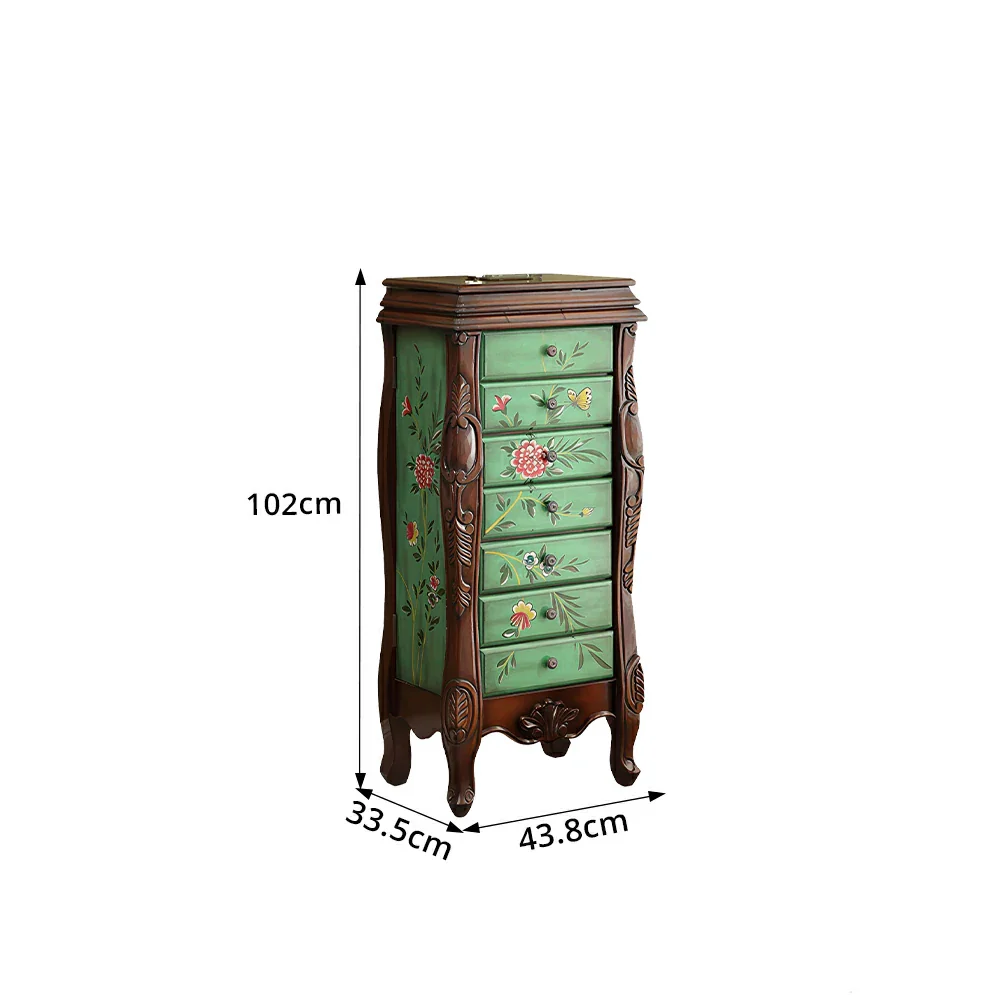 LIVARA Solid Wood 7 Drawer Storage Cabinet with Hand Painted Design Vintage Bedroom Chest 43.8cm - Dark Green - Image 8