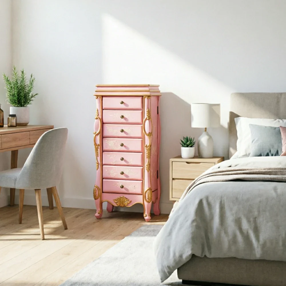 LIVARA Solid Wood 7 Drawer Storage Cabinet with Hand Painted Design Vintage Bedroom Chest 43.8cm - Pink - Image 4