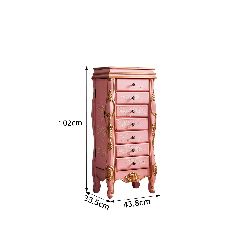 LIVARA Solid Wood 7 Drawer Storage Cabinet with Hand Painted Design Vintage Bedroom Chest 43.8cm - Pink - Image 7