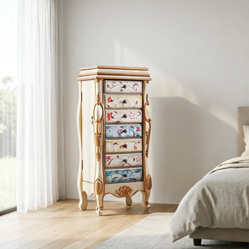 LIVARA Solid Wood 7 Drawer Storage Cabinet with Hand Painted Design Vintage Bedroom Chest 43.8cm - Champagne Gold - Image 2