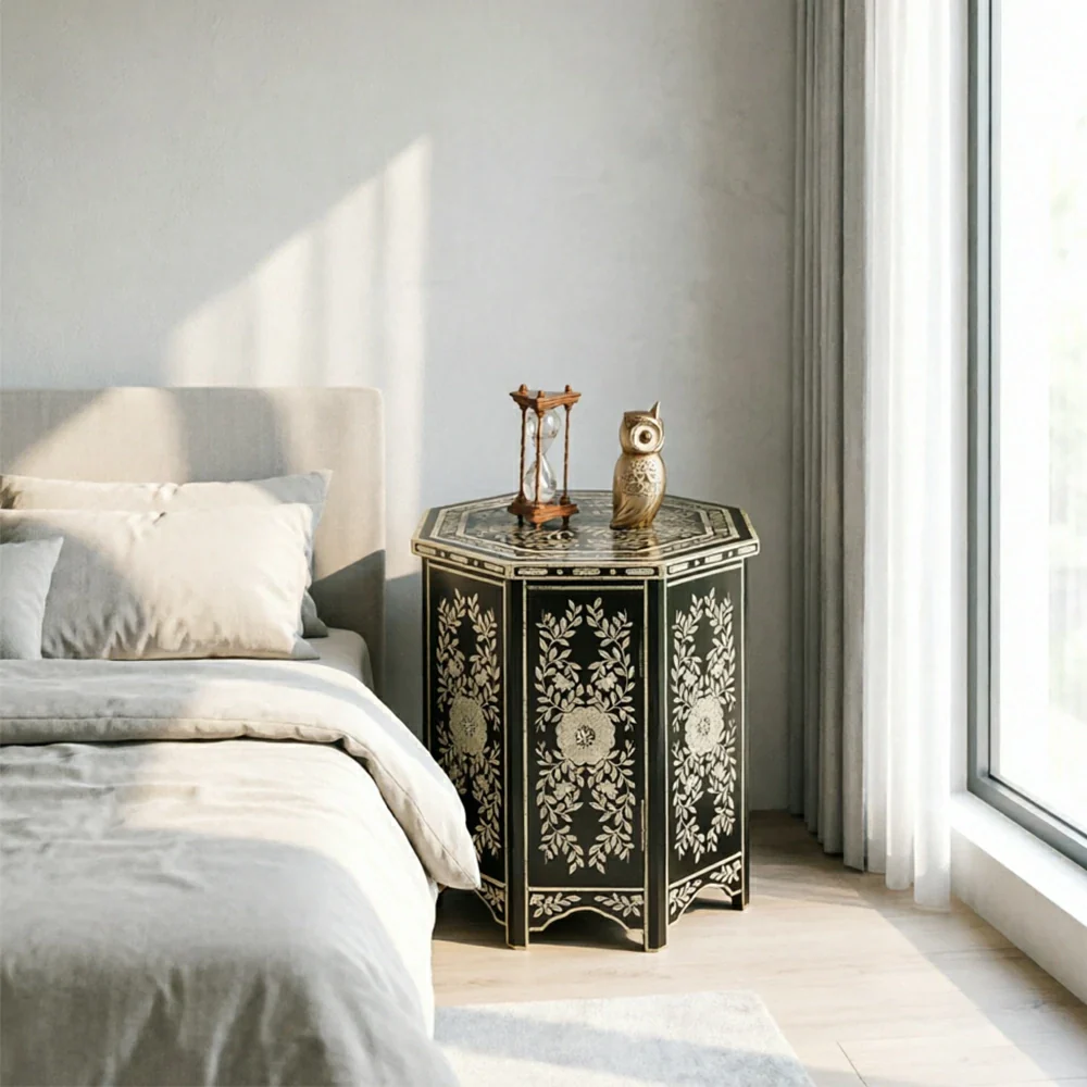 LIVARA Solid Wood Accent Side Table with Hand Painted Vintage Design American Style End Table 56cm - Black - Image 2