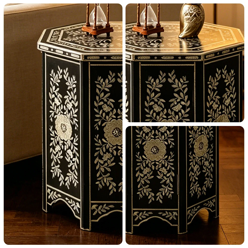 LIVARA Solid Wood Accent Side Table with Hand Painted Vintage Design American Style End Table 56cm - Black - Image 3
