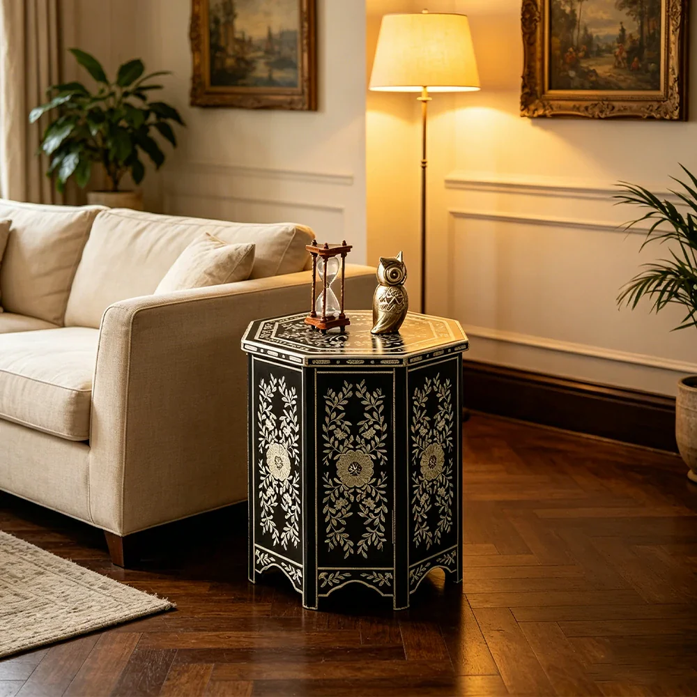LIVARA Solid Wood Accent Side Table with Hand Painted Vintage Design American Style End Table 56cm - Black - Image 4