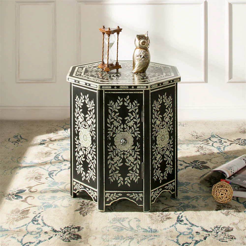 LIVARA Solid Wood Accent Side Table with Hand Painted Vintage Design American Style End Table 56cm - Black - Image 5