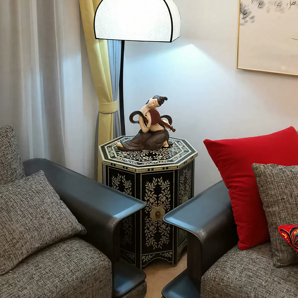 LIVARA Solid Wood Accent Side Table with Hand Painted Vintage Design American Style End Table 56cm - Black - Image 6