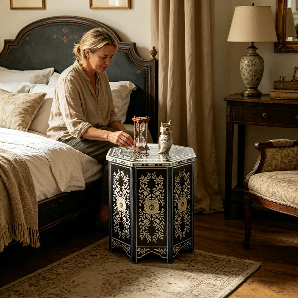 LIVARA Solid Wood Accent Side Table with Hand Painted Vintage Design American Style End Table 56cm - Black - Image 7