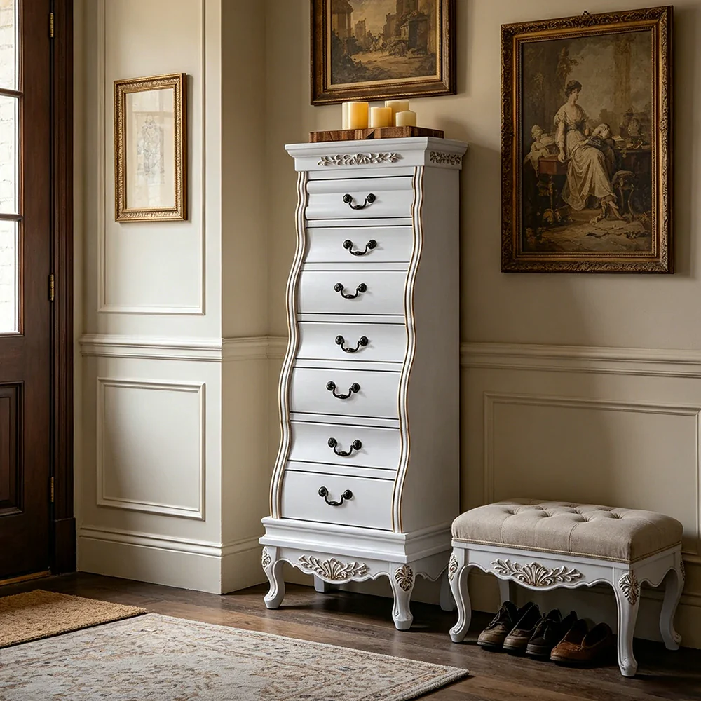 LIVARA Vintage Seven Drawer Chest Hand-Painted Storage Cabinet for Bedroom Living Room - White - Image 4