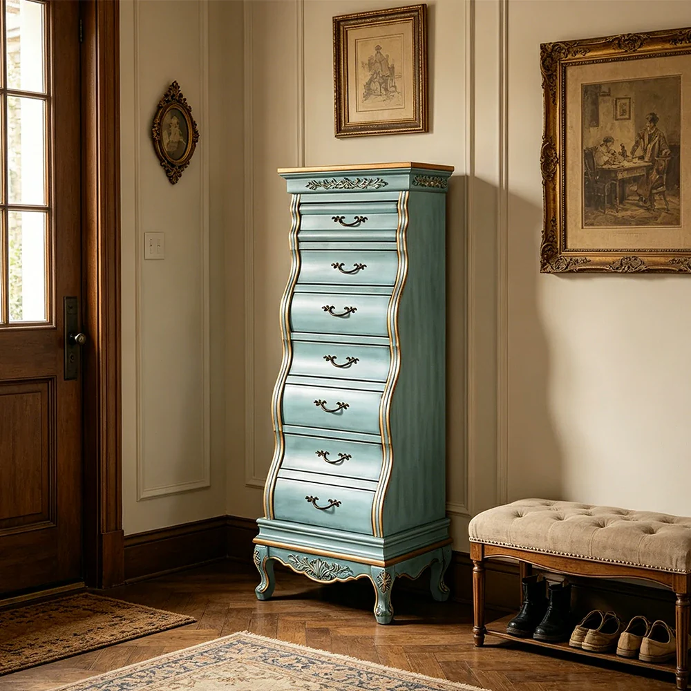 LIVARA Vintage Seven Drawer Chest Hand-Painted Storage Cabinet for Bedroom Living Room - Blue - Image 4