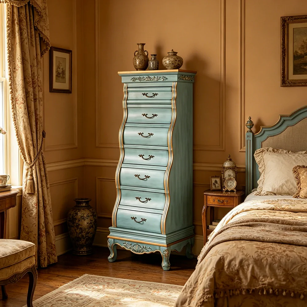 LIVARA Vintage Seven Drawer Chest Hand-Painted Storage Cabinet for Bedroom Living Room - Blue - Image 5