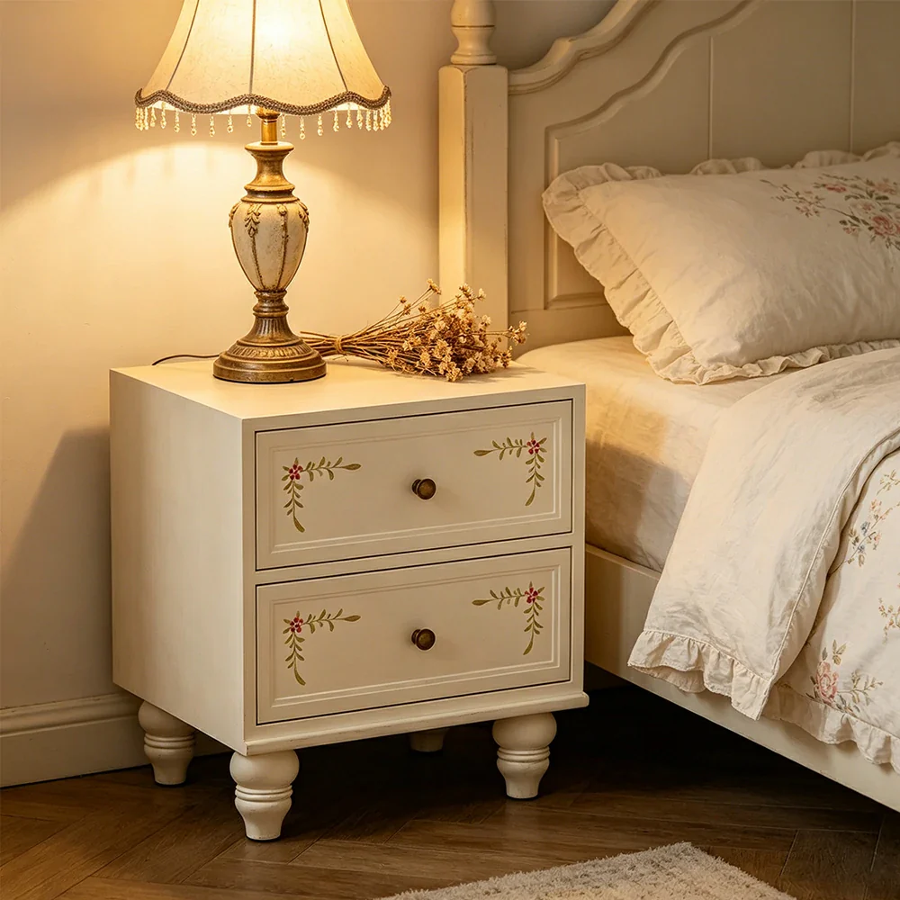 LIVARA Vintage Solid Wood Bedside Table Hand-Painted Nightstand for Bedroom Sofa Side - Beige - Image 2
