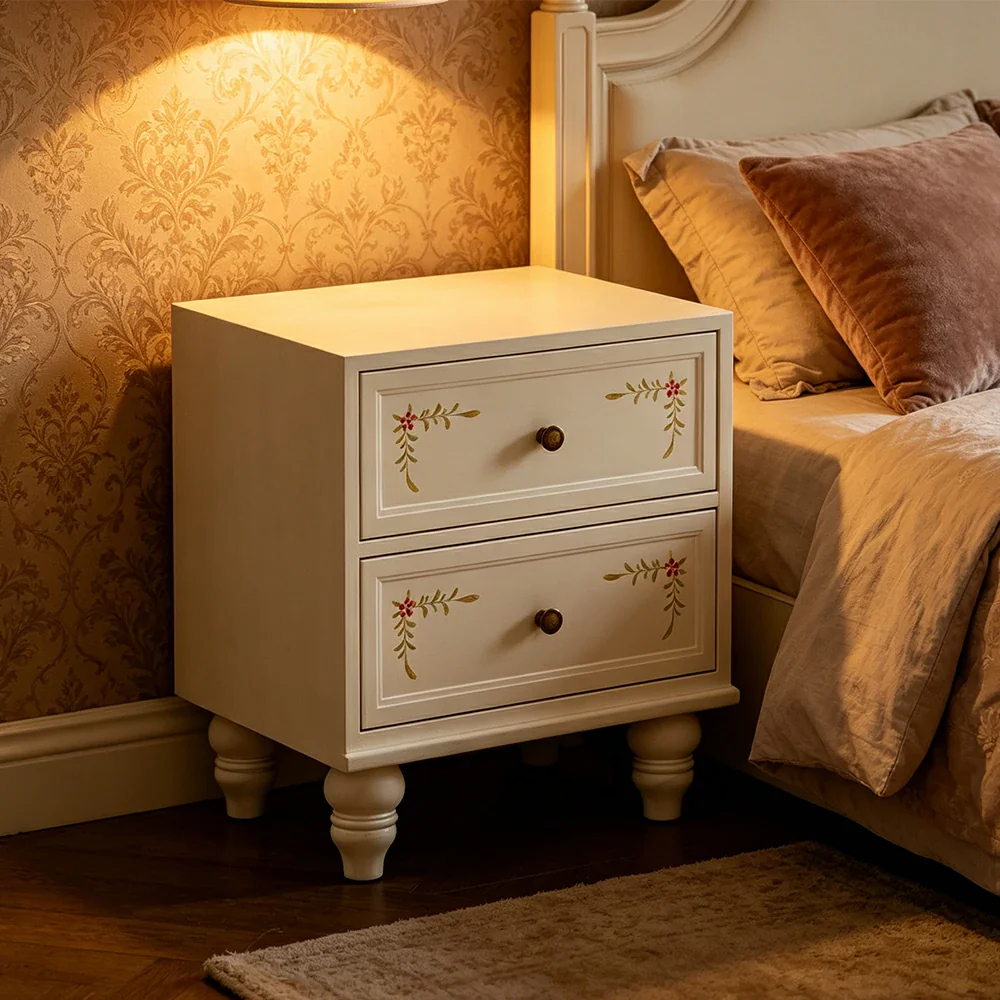 LIVARA Vintage Solid Wood Bedside Table Hand-Painted Nightstand for Bedroom Sofa Side - Beige - Image 5