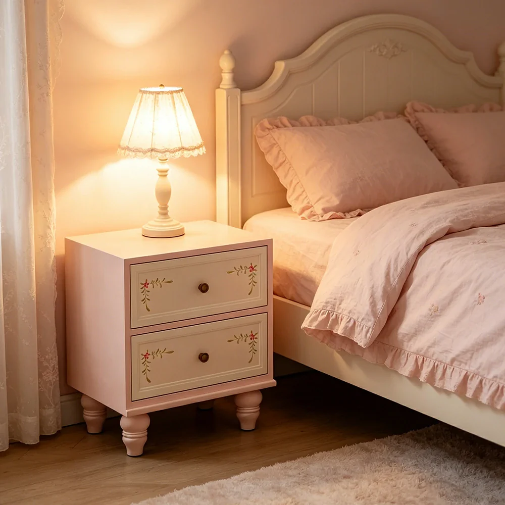 LIVARA Vintage Solid Wood Bedside Table Hand-Painted Nightstand for Bedroom Sofa Side - Pink - Image 5