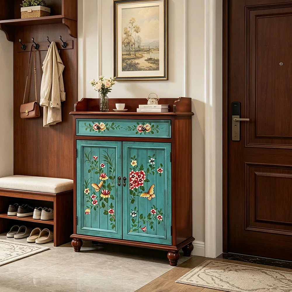 LIVARA Vintage Solid Wood Sideboard Cabinet Hand-Painted Storage Organizer for Entryway Dining Room - Walnut&Blue - Image 2
