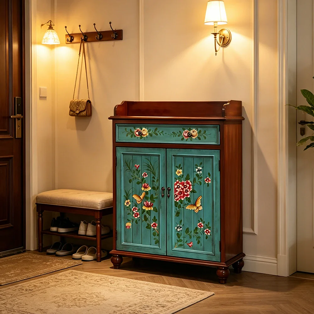 LIVARA Vintage Solid Wood Sideboard Cabinet Hand-Painted Storage Organizer for Entryway Dining Room - Walnut&Blue - Image 5