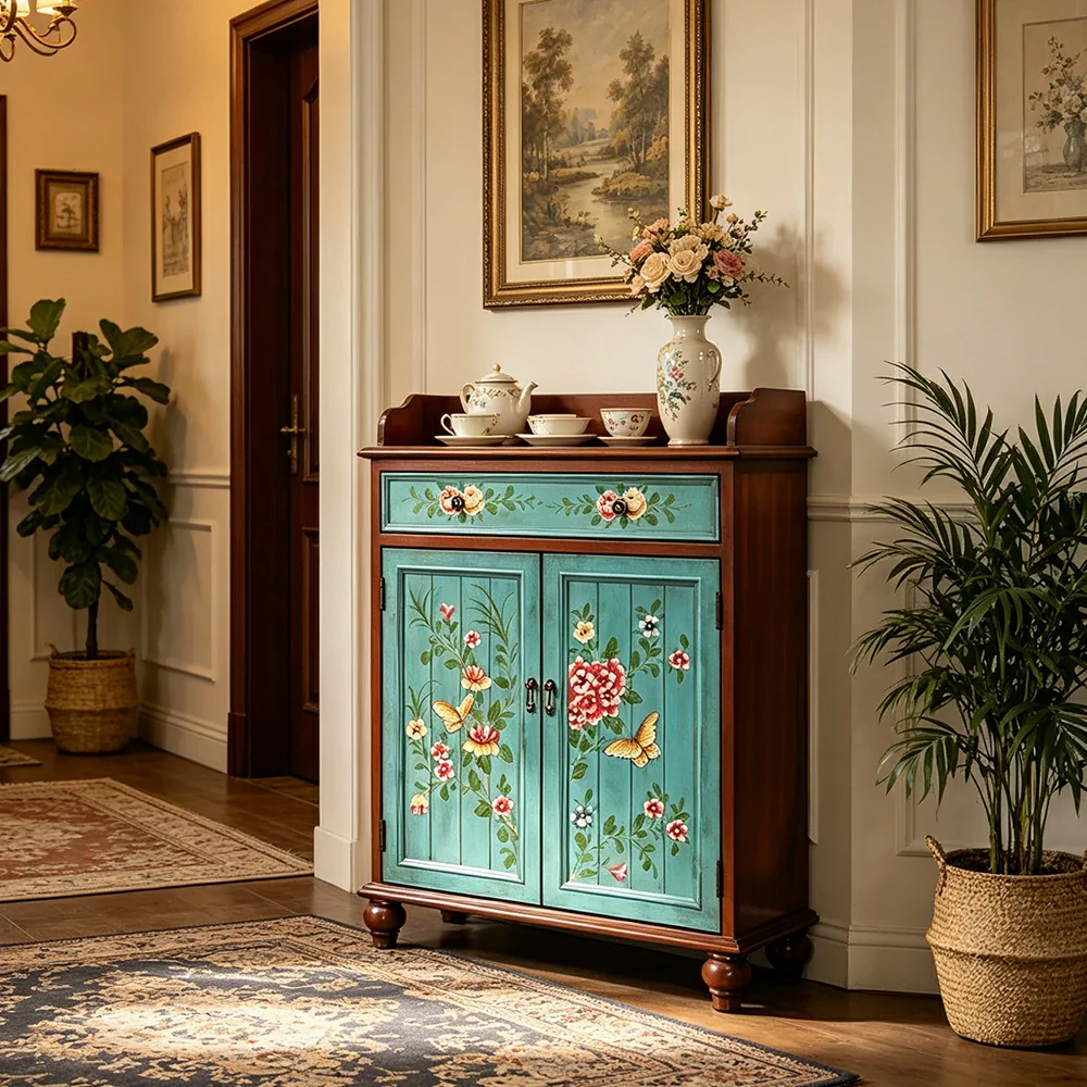 LIVARA Vintage Solid Wood Sideboard Cabinet Hand-Painted Storage Organizer for Entryway Dining Room - Walnut&Blue - Image 6