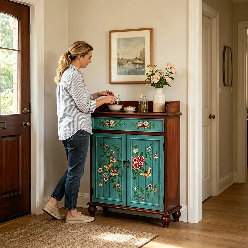 LIVARA Vintage Solid Wood Sideboard Cabinet Hand-Painted Storage Organizer for Entryway Dining Room - Walnut&Blue - Image 7