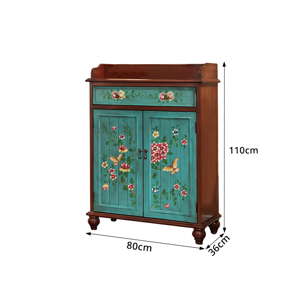 LIVARA Vintage Solid Wood Sideboard Cabinet Hand-Painted Storage Organizer for Entryway Dining Room - Walnut&Blue - Image 8