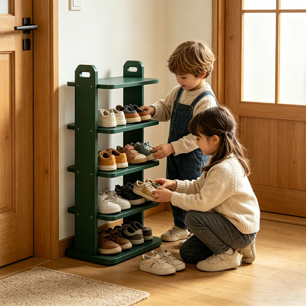 LIVARA 5 Tier Solid Wood Shoe Rack Space Saving Narrow Storage Shelf for Entryway Small Spaces - Green - Image 5