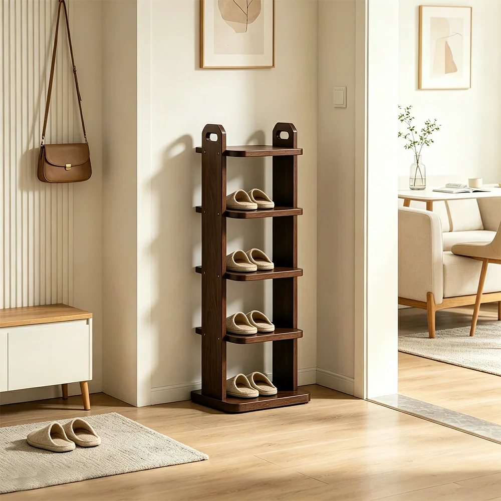 LIVARA 5 Tier Solid Wood Shoe Rack Space Saving Narrow Storage Shelf for Entryway Small Spaces - Walnut - Image 4