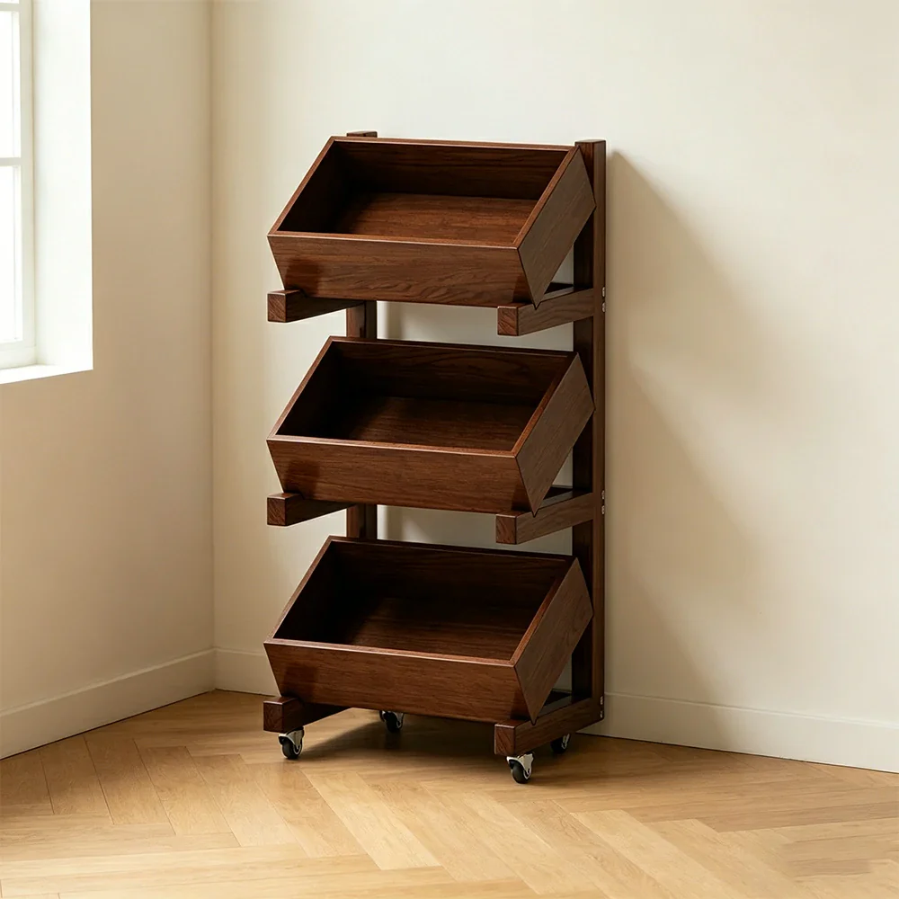 LIVARA 3 Tier Solid Wood Snack Storage Rack Rolling Organizer for Kitchen Dining Room - Walnut - Image 2