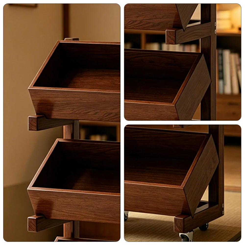 LIVARA 3 Tier Solid Wood Snack Storage Rack Rolling Organizer for Kitchen Dining Room - Walnut - Image 3