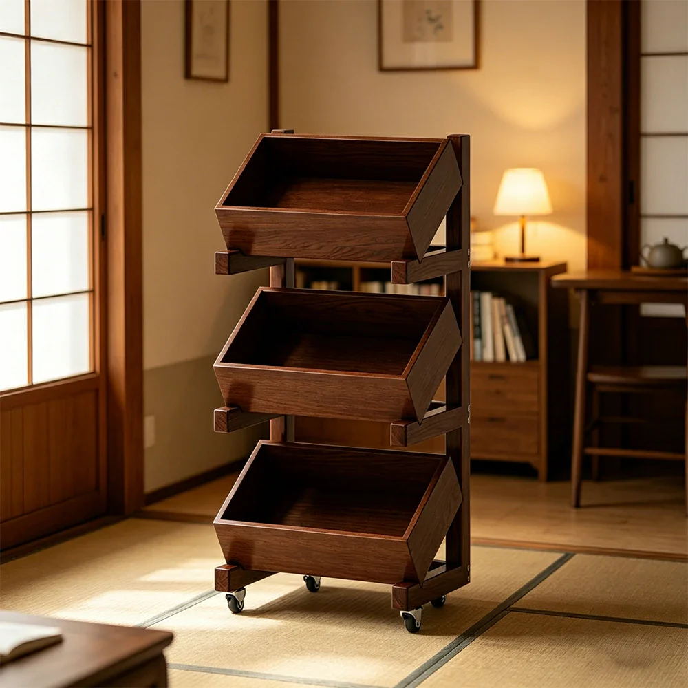 LIVARA 3 Tier Solid Wood Snack Storage Rack Rolling Organizer for Kitchen Dining Room - Walnut - Image 4