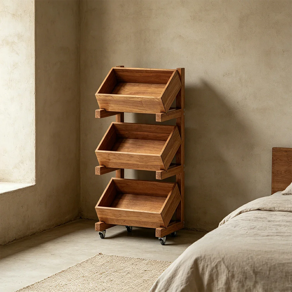 LIVARA 3 Tier Solid Wood Snack Storage Rack Rolling Organizer for Kitchen Dining Room - Cherry - Image 4