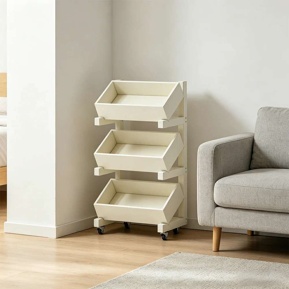 LIVARA 3 Tier Solid Wood Snack Storage Rack Rolling Organizer for Kitchen Dining Room - White - Image 2