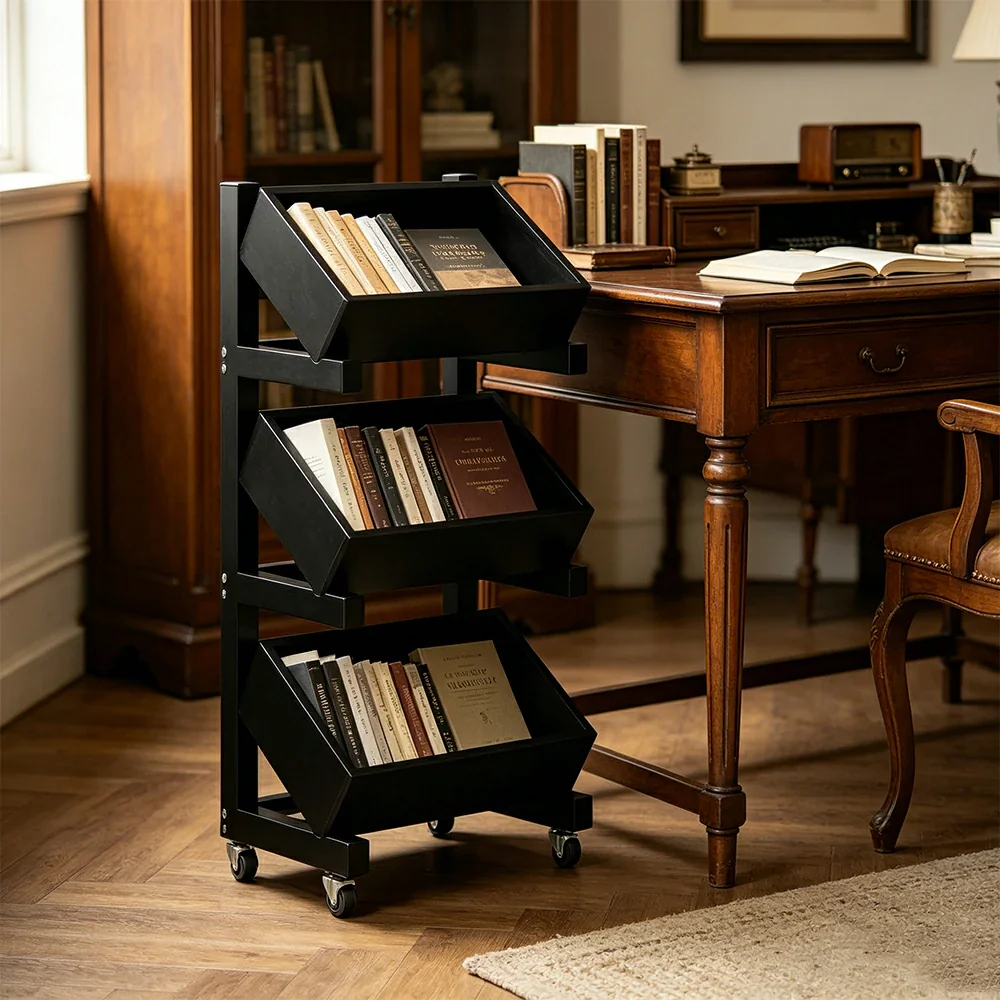 LIVARA 3 Tier Solid Wood Snack Storage Rack Rolling Organizer for Kitchen Dining Room - Black - Image 4