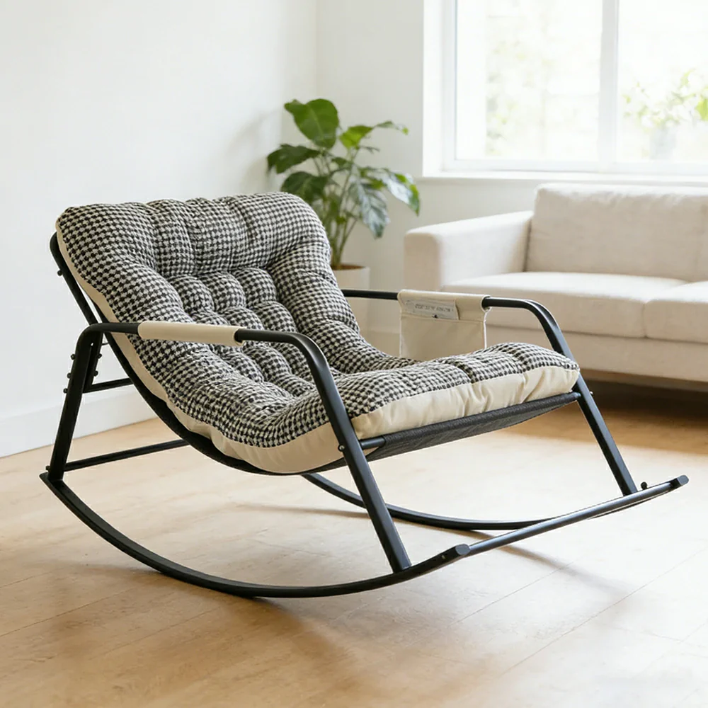 LIVARA Double Rocking Chair 137cm Carbon Steel Frame with Breathable Fabric for Living Room Balcony Relaxation - Black&White - Image 4