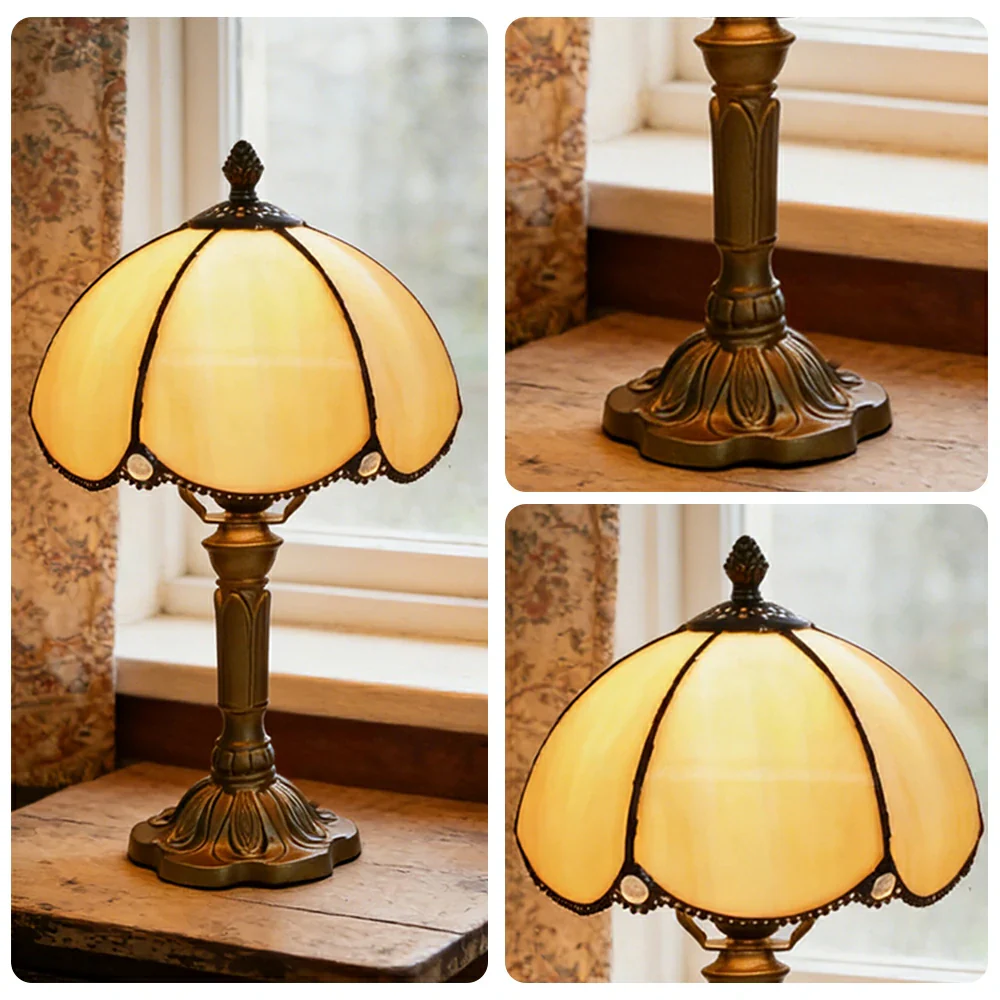 LIVARA Beige Curved Stained Glass Table Lamp Handmade Tiffany Style E27 Bedside Light Vintage Decor for Living Room Bedroom Study - Image 3