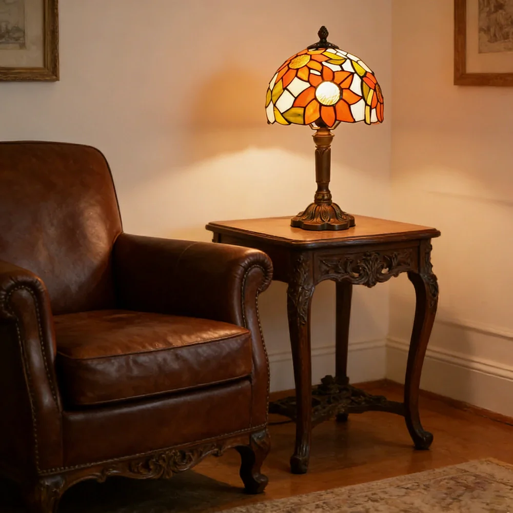 LIVARA Sunflower Stained Glass Table Lamp Handmade Tiffany Style E27 Bedside Light Vintage Decor for Living Room Bedroom Study - Image 4