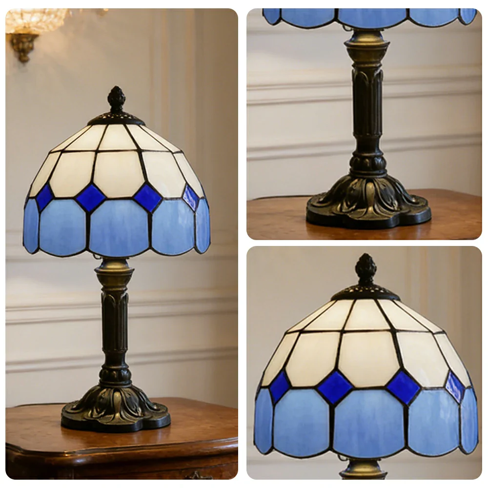 LIVARA Stained Glass Table Lamp Handmade Tiffany Style E27 Bedside Light Vintage Decor for Living Room Bedroom Study - Blue - Image 3