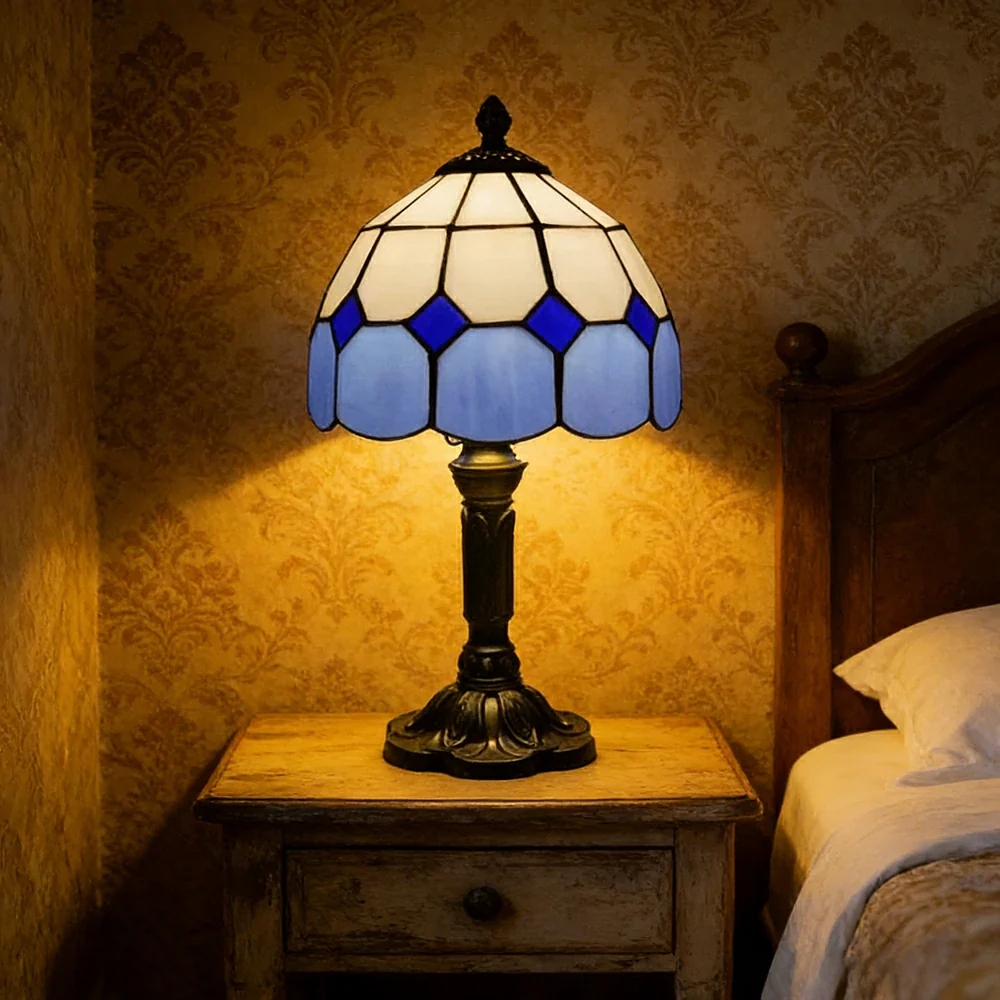 LIVARA Stained Glass Table Lamp Handmade Tiffany Style E27 Bedside Light Vintage Decor for Living Room Bedroom Study - Blue - Image 4