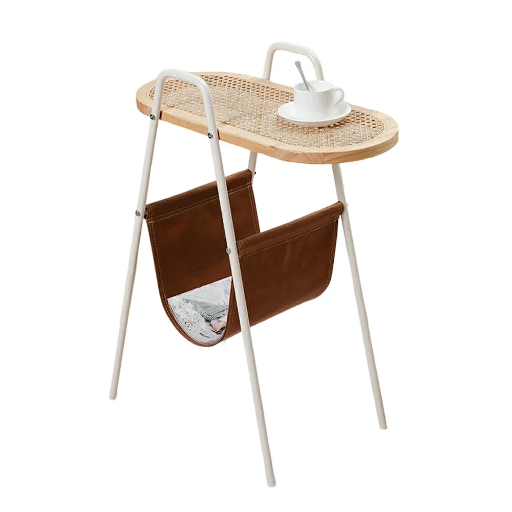LIVARA Rattan Magazine Side Table - Storage Rack with Leather Pocket, Solid Wood Top Iron Frame Bedside Table - White